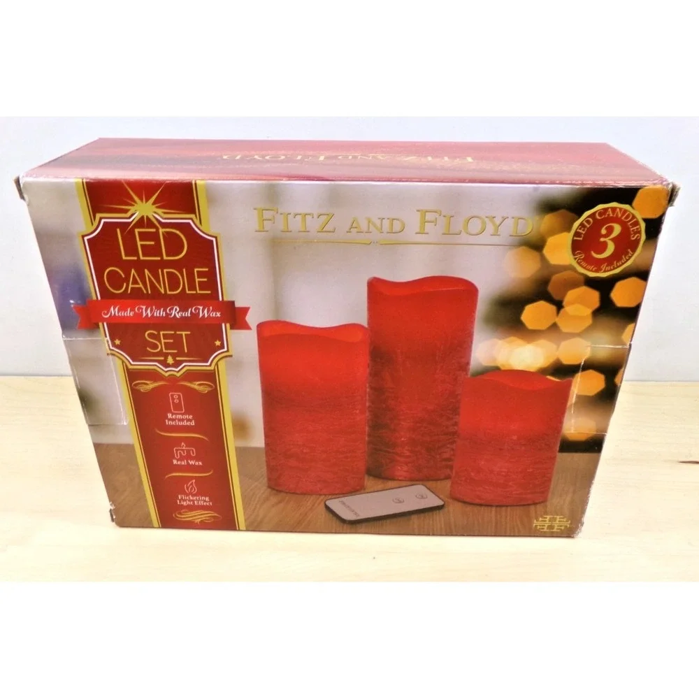 Fitz and Floyd LED Candle Set with Remote Made with Real Wax Set of 3 Red New